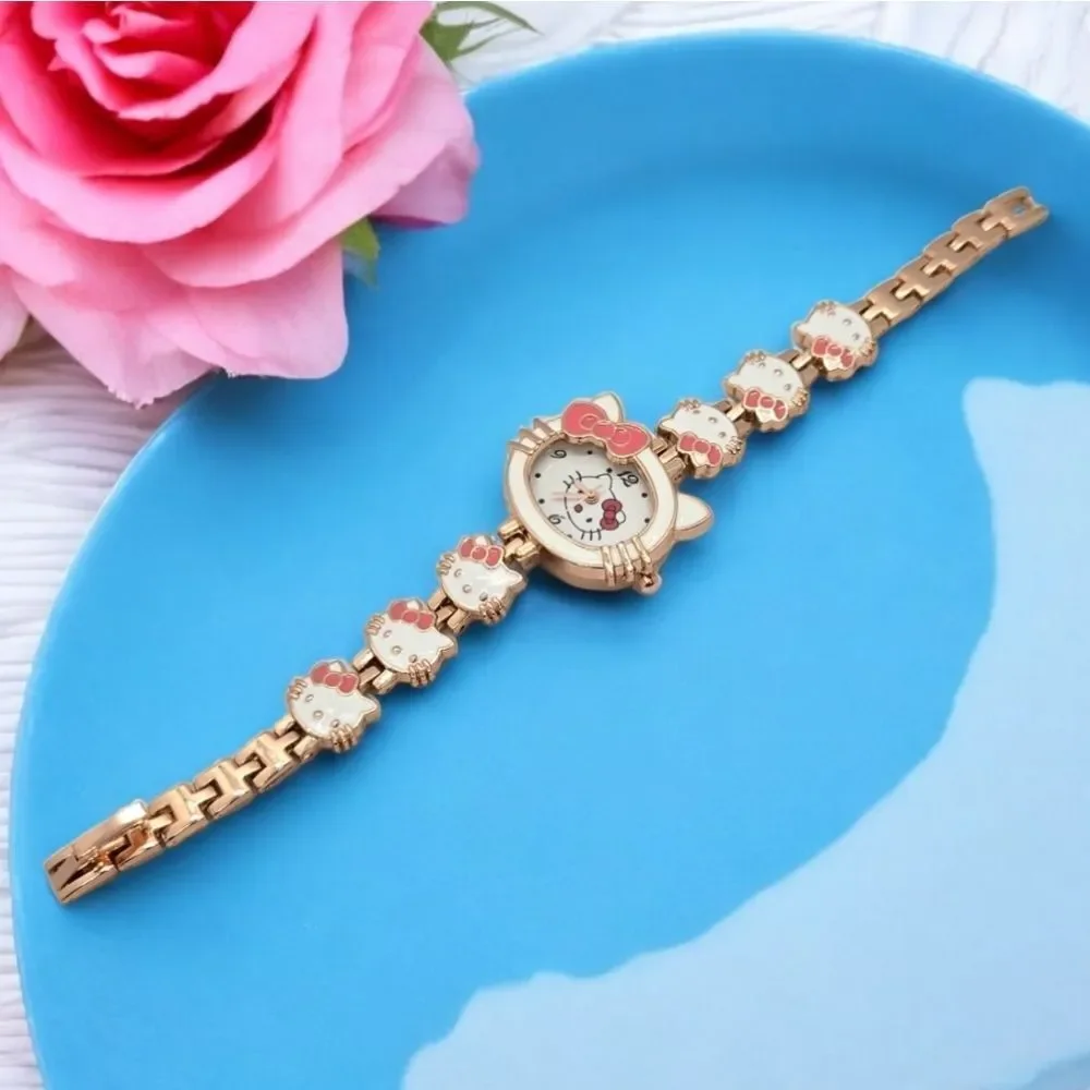 Hello Kitty Rose Gold Watch White Cat Face Links Analog Battery Metal Links Band